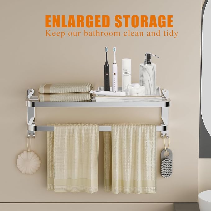 23 Inch Bathroom Towel Rack Towel Shelf with Double Towel Bars Lavatory Wall Mount Holder with Hooks Stainless Steel Hotel Bath Rack
