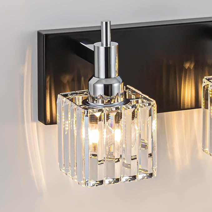 Black Chrome Bathroom Vanity Lights, Modern 4 Lights Crystal Bathroom Lighting Fixtures Over Mirror Crystal Wall Light with Square Shade