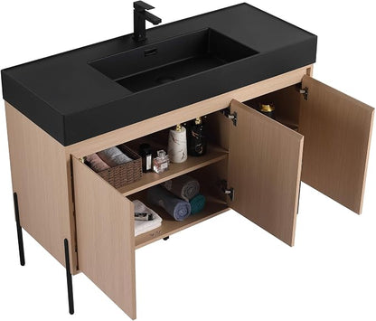 Crownpoint 48 Inch Bathroom Vanity with Sink, Black Sink, White Oak Finish, Full Assembly Required, Elegant Bathroom Vanities for Modern Homes