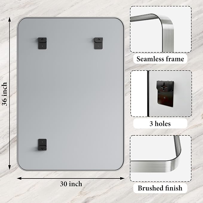 30x36 Inch Silver Metal Framed Bathroom Mirror for Wall, HD Tempered Glass | Vanity Mirror for Over Sink, Anti-Rust Aluminum Alloy Mirror, Farmhouse, Horizontally or Vertically Hanging