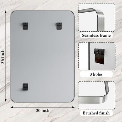 30x36 Inch Silver Metal Framed Bathroom Mirror for Wall, HD Tempered Glass | Vanity Mirror for Over Sink, Anti-Rust Aluminum Alloy Mirror, Farmhouse, Horizontally or Vertically Hanging