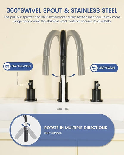 Bathroom Faucet with Sprayer - Matte Black Bathroom Faucet 3 Holes - Widespread Sink Faucets 2 Handles - Pull Down Vanity Faucets with Pop Up Drain and Supply Lines