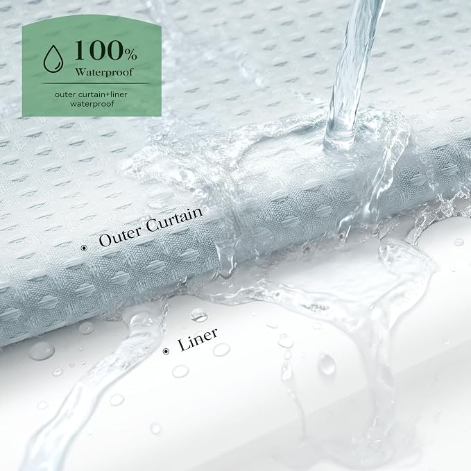 Fog Blue Hook Free Waffle Shower Curtain & Snap-in Liner,72x75 | Less Time to install, 3 in 1 Fabric Shower Curtain and Liner Set with Magnets, Mesh Top Window, Shower Curtains for Bathroom