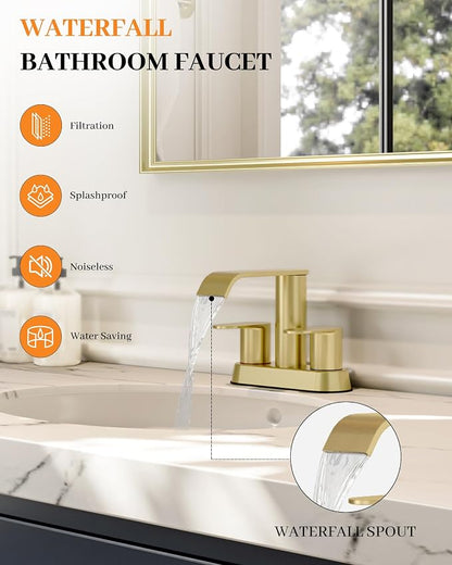 Homevacious Brushed Gold Bathroom Faucets Waterfall 4 Inch Centerset | Bathroom Sink Faucet Stainless Steel with Pop up Sink Drain Supply Hose Basin Mixer Tap for Vanity RV 2 or 3 Hole Sink