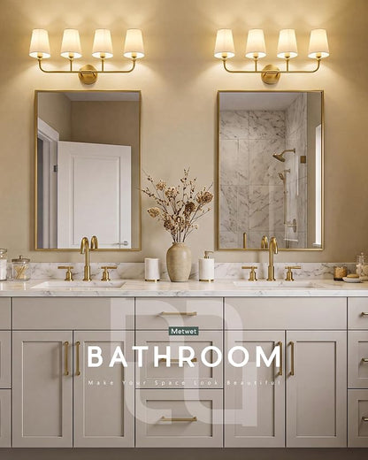 4-Light Brushed Gold Bathroom Vanity Light with Linen Fabric Shade | 28 Inch gold bathroom light fixture over mirror, UL listed, E26 bulbs, hardwired, upward only, VL837-BG-A-4