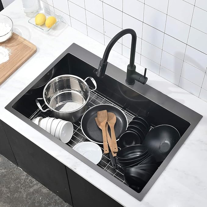 KINGO HOME 30 Inch Black Drop in Kitchen Sink, 30x18 Inch Gunmetal Black Single Bowl Stainless Steel Basin Topmount Kitchen Sink, 16 Gauge Metal Sink with Strainer