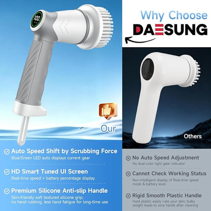 DAESUNG Electric Spin Scrubber, Cordless Power Scrubber & Electric Cleaning Brush with 7 Replaceable Heads, Dual Speed IPX7 Waterproof Handheld Scrubber for Bathroom, Shower & Tile Cleaning