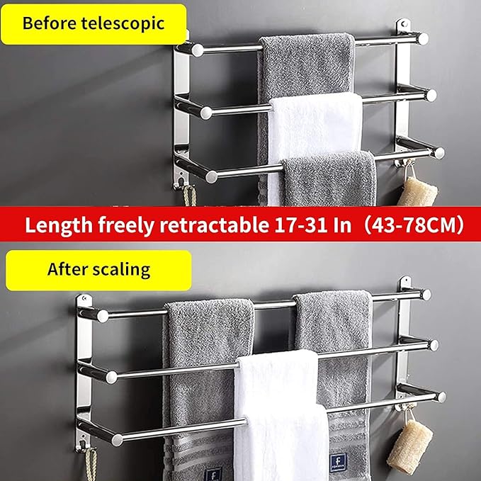 Towel Bars Hanger Freely Retractable 20-30 Inche Stainless Steel 304 Bath Rack Strong 3M Adhesive Bathroom Wall Free mounting Hole-Installing washroom Kitchen Space Saving 3 Bars