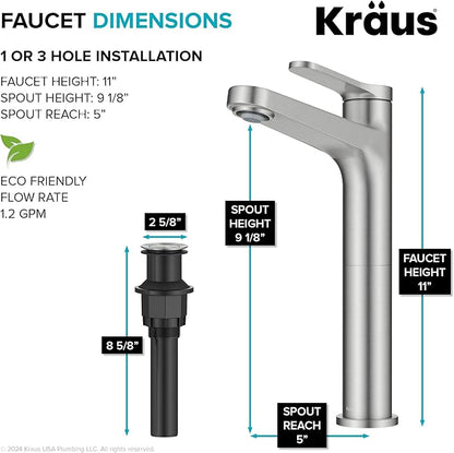 KRAUS Indy Bathroom Faucet for Vessel Sink in Spot-Free Brushed Nickel with Single Handle, Pop Up Drain and Supply Lines, KVF-1410SFBN