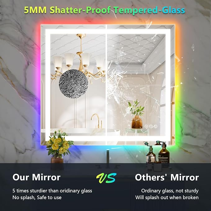 40x36 LED Bathroom Mirror with Lights, RGB Backlit Lighted Mirror | Backlit and Front Light, Anti-Fog, 3 Color Dimmable, Memory, Tempered Glass, IP54 Waterproof, UL Listed