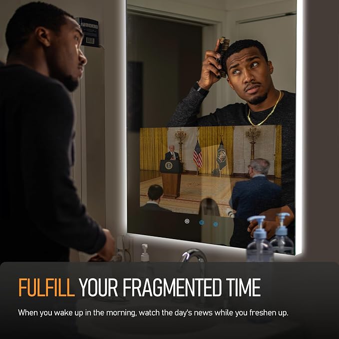32"x24" Smart Waterproof Anti-Fog Vanity Mirror with 21.5" Touch Screen TV | Adjustable 3-Color LED, Bluetooth/WiFi/HDMI, Android OS, Streaming Apps, For Bathroom & Bedroom