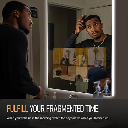 32"x24" Smart Waterproof Anti-Fog Vanity Mirror with 21.5" Touch Screen TV | Adjustable 3-Color LED, Bluetooth/WiFi/HDMI, Android OS, Streaming Apps, For Bathroom & Bedroom