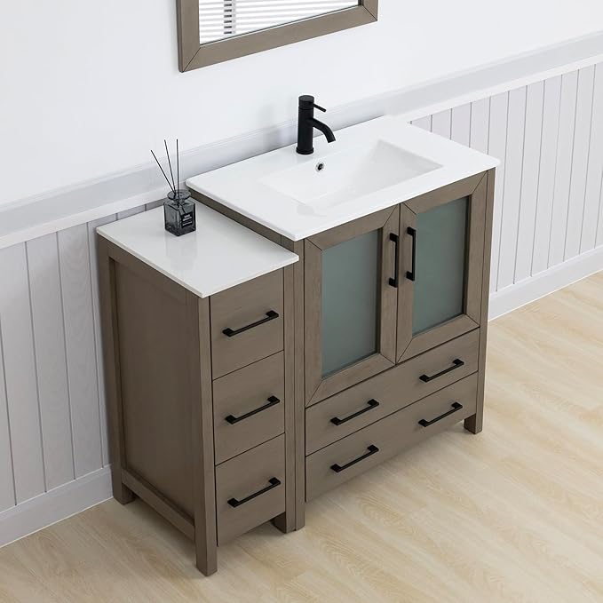 Vanity Art 42 Inch Under Mount Single Sink Bathroom Vanity Cabinet with 1 Mirror, Ceramic Top Bathroom Cabinet Compact Set with 5 Dovetail Storage Drawers, Matte Black Handles, VA3030-42-DG