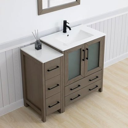 Vanity Art 42 Inch Under Mount Single Sink Bathroom Vanity Cabinet with 1 Mirror, Ceramic Top Bathroom Cabinet Compact Set with 5 Dovetail Storage Drawers, Matte Black Handles, VA3030-42-DG