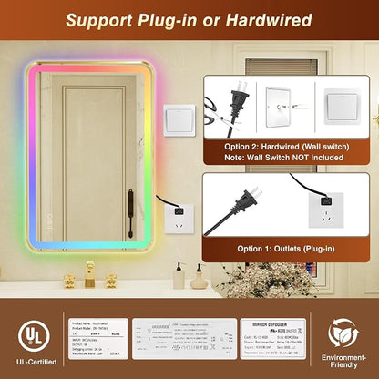 24x36 Inch Gold Framed LED Bathroom Mirror with Lights,Smart Bathroom Mirror,RGB,Anti-Fog,Stepless Dimmable & 3 Colors,Memory,Vanity Mirror for Wall