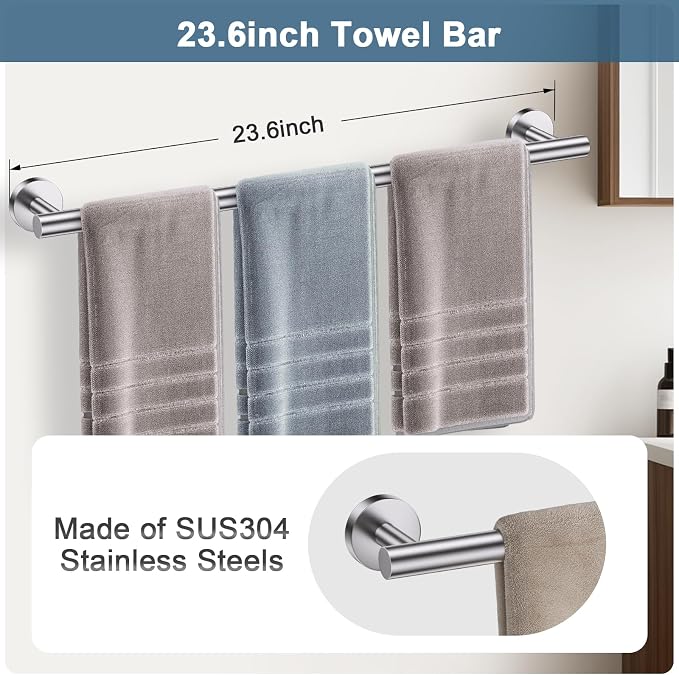 Brushed Nickel Bathroom Hardware Set, 5 Pieces Towel Bar Bathroom Accessories, Upgraded Toilet Paper Holder with Shelf Set, 23.6 Inch Towel Rack Towel Holder for Bathroom Wall