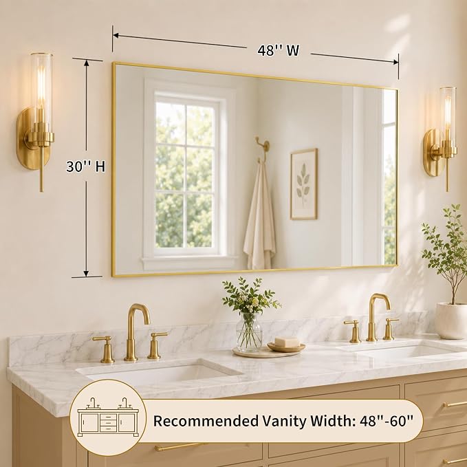 48"x30" Brushed Gold Large Framed Bathroom Vanity Wall Mirror | Large Vanity Wall Mirror, Slim Metal Frame, Dresser or Sideboard Use, Vertical/Horizontal Mount, Tempered Glass