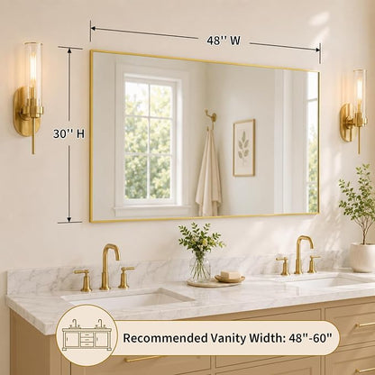 48"x30" Brushed Gold Large Framed Bathroom Vanity Wall Mirror | Large Vanity Wall Mirror, Slim Metal Frame, Dresser or Sideboard Use, Vertical/Horizontal Mount, Tempered Glass