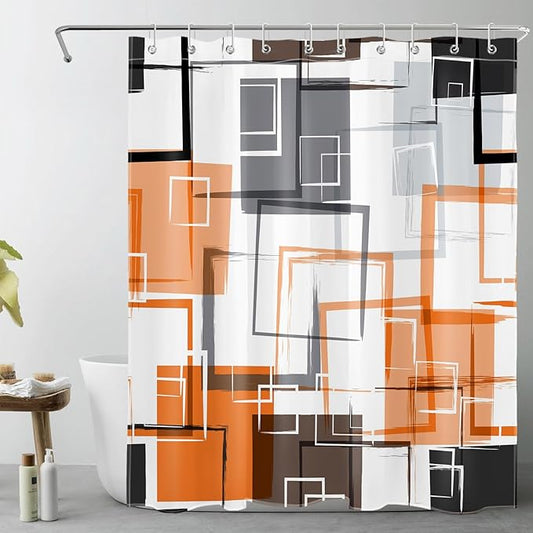 Orange Geometric Shower Curtain with Hooks,Gray Black and White Abstract Striped on White Fabric Shower Curtain for Bathroom Decor Modern Minimalist Shower Curtain Set,72L X 60W inches