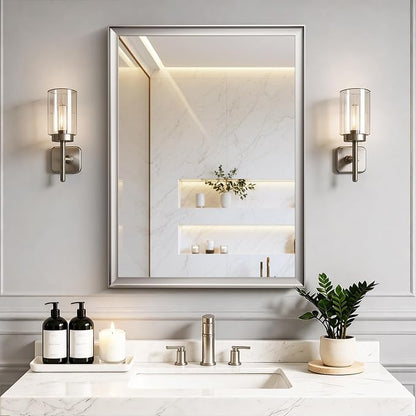 Brushed Nickel Bathroom Mirrors for Over Sink 30x40 Inch | Silver Rectangle Vanity Mirror, Wall Decor for Bedroom, Entryway, Living Room, Aluminum Framed, Curved Wide Edge, Anti-Rust