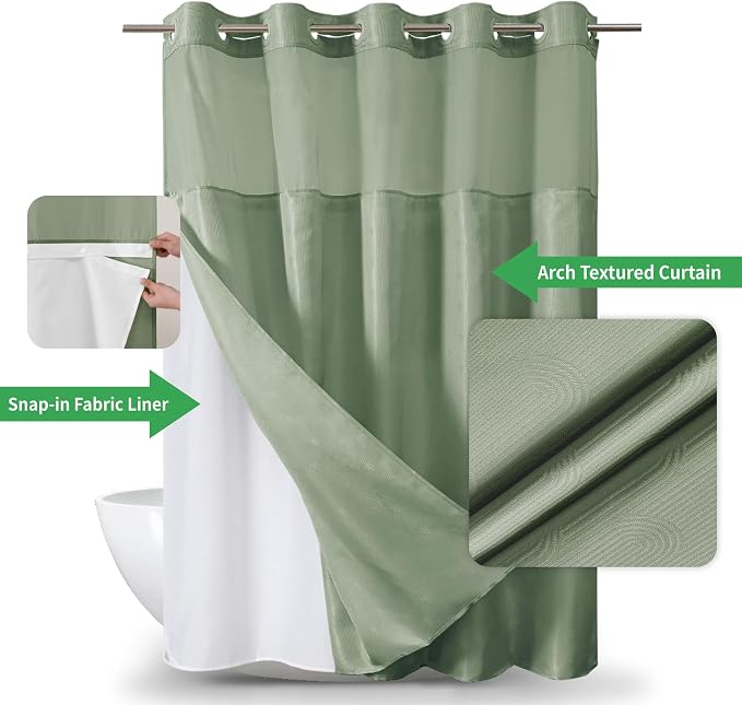 eachope No Hook Boho Arch Shower Curtain with Snap-in Liner Set,71x74,Green | 230GSM Thick Fabric,Easy to Install,Sheer Window,Magnetic Weighted Hem,Waterproof & Machine Washable,for Bathroom,Hotel
