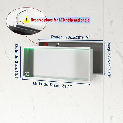 30X12 RGB Shower Niche Waterproof Brushed Nickel Stainless Steel LED Recessed Wall Niche for Shower, Tile-Ready Bathroom Wall Niche Light Kit with Remote Control