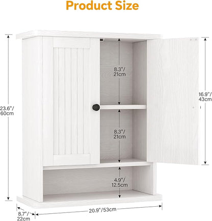 Homeiju Wooden Farmhouse Style Rustic Medicine Cabinet with Two Barn Doors, Wooden Wall Mounted Storage Cabinet with Open and Hidden Storage Space, for Bathroom, Living Room, Kitchen, White