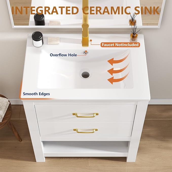 Bathroom Vanity with Sink, 24 Inch Small Bathroom Storage Cabinet with Double Drawers, Freestanding Modern Bathroom Cabinet with Open Bottom Shelf & LED Light, White