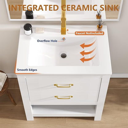 Bathroom Vanity with Sink, 24 Inch Small Bathroom Storage Cabinet with Double Drawers, Freestanding Modern Bathroom Cabinet with Open Bottom Shelf & LED Light, White