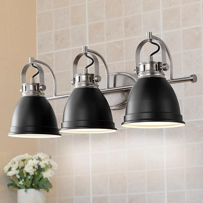 JONATHAN Y 25.5" Black/Nickel 3-Light LED Vanity Light, Adjustable Wall Sconce for Bathroom Mirror, Farmhouse Bohemian Kitchen Light, Iron Black Bell Shade (JYL1116A)