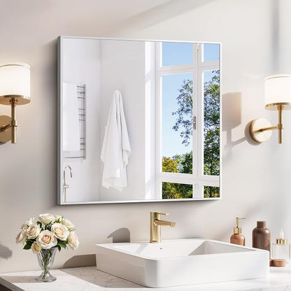 YIROMAN Bathroom Mirror 24"x24", Brushed Silver Bathroom Mirror for Over Sink with Aluminum Frame, Square Vanity Mirror with Right Angle, Wall Mirror Hangs Horizontal or Vertical