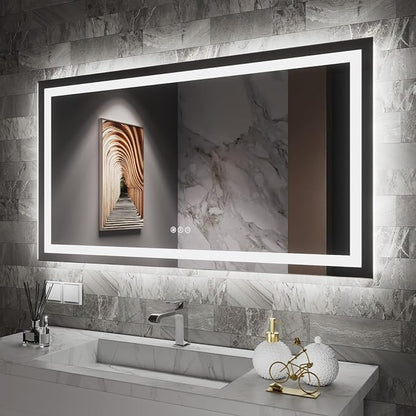 LED Bathroom Mirror, 65"X36" with Front Light and Backlit | Stepless Dimmable, Anti-Fog, Shatter-Proof, HD Reflection, Memory, 3 Colors Lighting, UL Listed (Horizontal/Vertical).