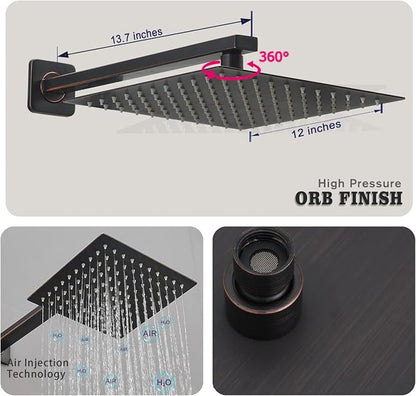 Oil Rubbed Bronze rain Shower Faucet Set Shower System 12 Inches Square Shower Head with Handheld, Waterfall Showerhead, All Metal Shower Faucet Trim Repair Kits (Contain Shower Valve)