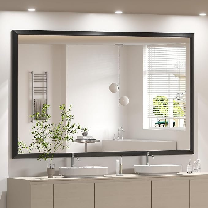 SMIROR 55x30 Matte Black Bathroom Vanity Mirror for Over Sink | Metal Wide Frame, Rectangle, Right- Angle Corner, Anti-Rust, Horizontally or Vertically Wall- Mounted for Home Remodel