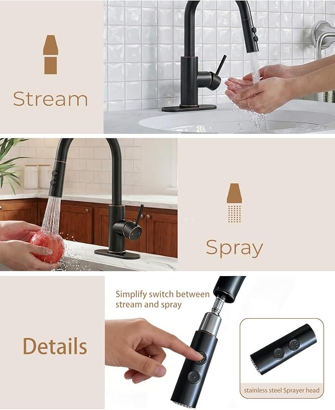 Fransiton Bathroom Faucets, Bar Sink Faucet Single Hole for Bathroom Kitchen Campers with Deck Plate Outdoor Faucet Vessel Farmhouse Vanity Lavatory (Oil Rubbed Bronze - Pull Sprayer - A)