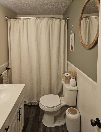 Linen Shower Curtain Boho Beige Shower Curtain with Tassels 72"W x 78"L | Thick linen-poly blend, soft textured drape, handcrafted fringe, neutral rustic farmhouse bathroom decor