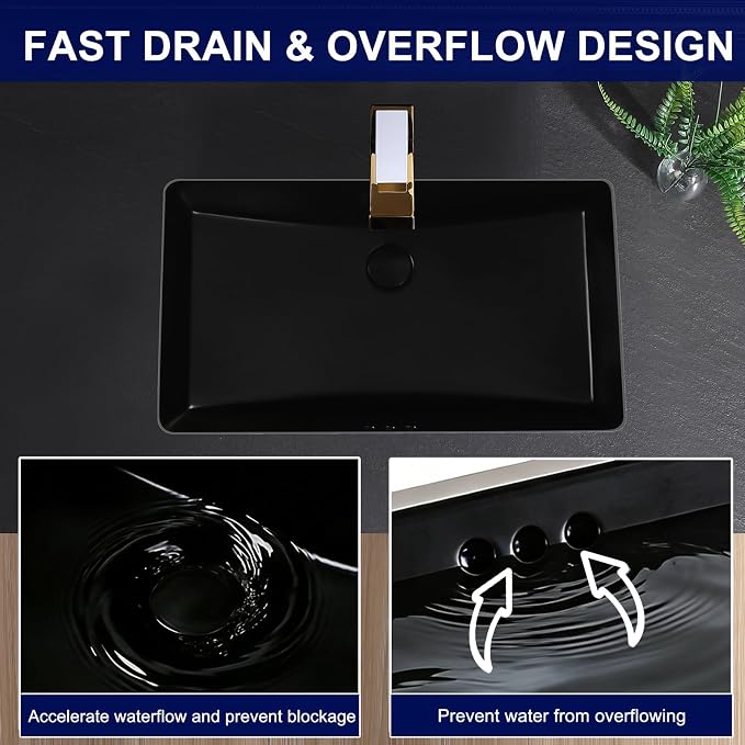 Black Undermount Bathroom Sink 27.3x16.5 Inch Vessel Sink Rectangular | Bathroom Sink Matte Black Bathroom Under Counter Lavatory Vanity Sink Basin Porcelain Ceramic Undermount Sinks with Overflow