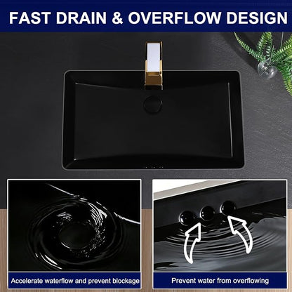 Black Undermount Bathroom Sink 27.3x16.5 Inch Vessel Sink Rectangular | Bathroom Sink Matte Black Bathroom Under Counter Lavatory Vanity Sink Basin Porcelain Ceramic Undermount Sinks with Overflow