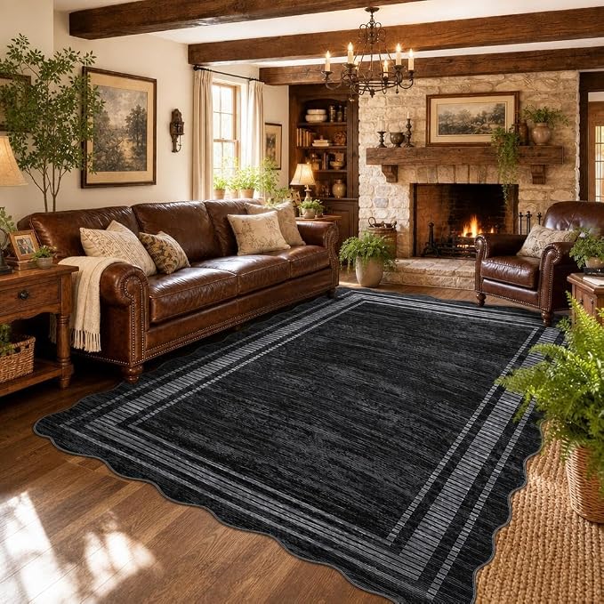 Garvee Black 8x10 Rug Solid Scalloped Washable Rugs for Living Room | Non-Slip Soft Carpet for Bedroom, Scalloped Low-Pile Solid Print Accent Rug for Dining Room Home Office, Black