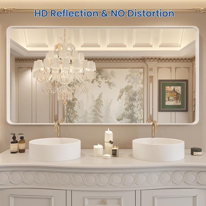 WEER White Metal Framed Bathroom Mirror 60x30 Inch | Rounded Rectangle, Matte White Framed, Tempered Glass, Anti-Rust, Hangs Horizontally or Vertically