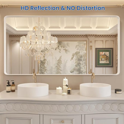 WEER White Metal Framed Bathroom Mirror 60x30 Inch | Rounded Rectangle, Matte White Framed, Tempered Glass, Anti-Rust, Hangs Horizontally or Vertically