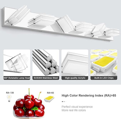 3 Color Temperature Dimmable Vanity Lights for Bathroom, LED Chrome 6 Light Vanity Lighting Fixtures, Acrylic Stainless Steel Square Shade Bathroom Light Fixtures over Mirror, ETL Certificated
