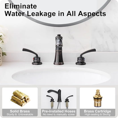 8 Inch Oil Rubbed Bronze Bathroom Faucet Widespread Brass Bathroom Sink Faucet 3 Hole, 2 Handle with Pop up Drain & Pre-Installed Water Hose