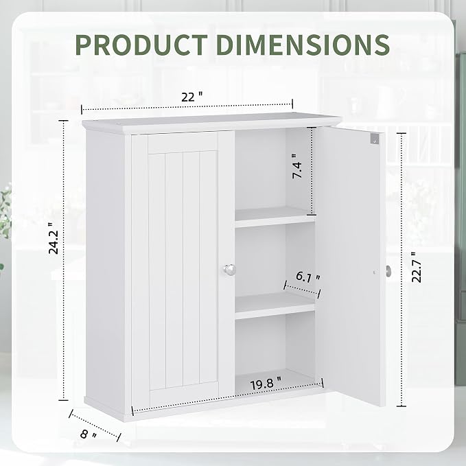 Bathroom Wall Cabinet, Bathroom Cabinet Wall Mount, Over the Toilet Space Saver Storage Cabinets, White Medicine Cabinets with 2 Doors