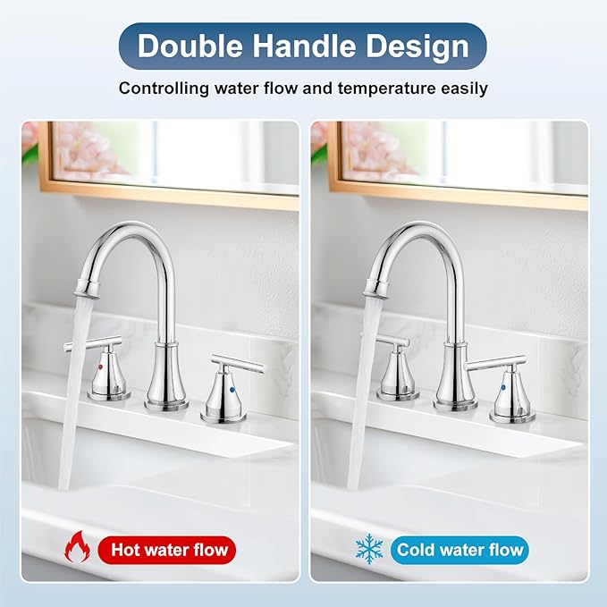 Widespread Bathroom Faucet 3 Hole, 8 inch Bathroom Sink Faucet with Pop-up Drain and Supply Lines, Two Handles, Stainless Steel, Polish Chrome