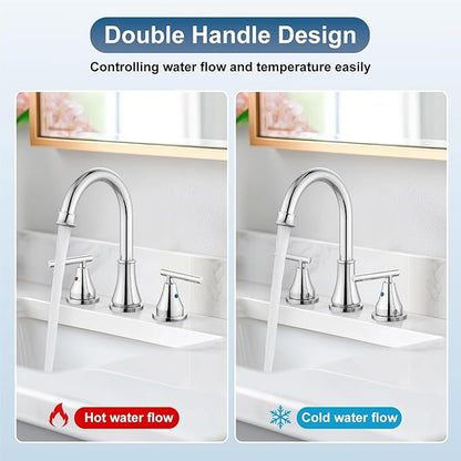 Widespread Bathroom Faucet 3 Hole, 8 inch Bathroom Sink Faucet with Pop-up Drain and Supply Lines, Two Handles, Stainless Steel, Polish Chrome