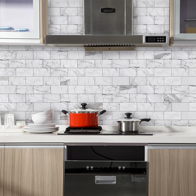 Vamos Tile 100-Piece Glossy Statury White Peel and Stick Backsplash Tile,3''x6'' PVC Subway Tile with Dark Gray Grout, Stick on Backsplash for Kitchen/Bathroom/Fireplace