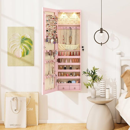Moccha Wall Door Jewelry Armoire, 47.5" H Full Length Mirrored Jewelry Cabinet with 2 LED Lights and 2 Drawers, Lockable Jewelry Cabinet, Jewelry Organizer Storage for Bedroom (Light Pink)