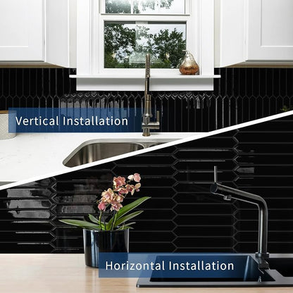 10 Sheets Long Hexagon Tile Peel and Stick Backsplash | Self-Adhesive Wall Tiles Stick on Back Splash for Kitchen, Bathroom, Fireplace,RV(Black,12"×12")
