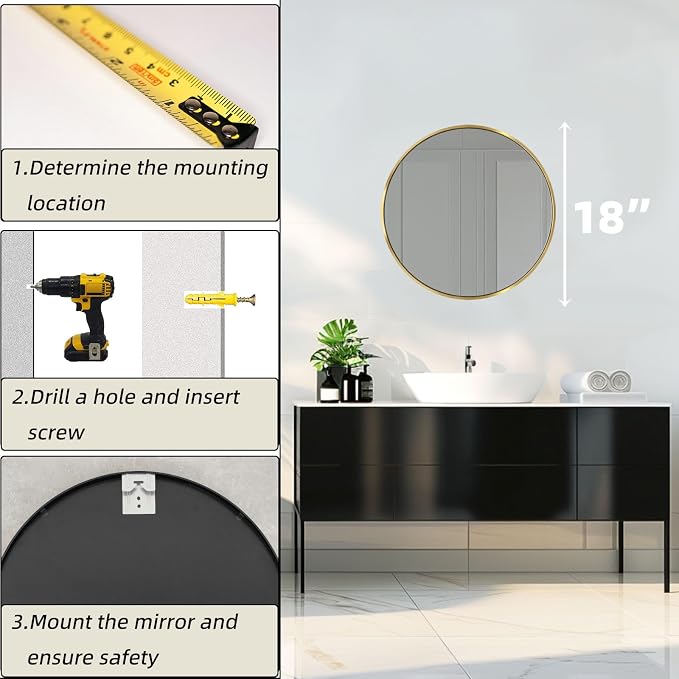 Round Gold Mirror 18 Inch, Brushed Gold Frame, Small Circle Mirror | Metal Frame, Circular Wall Mounted Mirrors for Bathroom, Kids Room, Nursery, Bedroom, Vanity, Wall Decor, Easy to Install